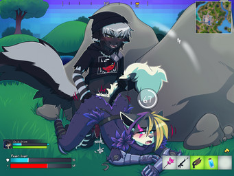 anal anal_penetration anthro beanie black_body black_fur black_hair black_inner_ear black_nose blonde_hair_tips blue_eyes blush blush_lines bodily_fluids clothing cosplay cum cum_on_ground cum_while_penetrated duo ejaculation fur genital_fluids green_eyes grey_body grey_fur grey_hair hair hands-free hat headgear headwear male male/male open_mouth outside_sex pattern_clothing pattern_shirt pattern_t-shirt pattern_topwear penetration penile penile_penetration penis_in_ass pink_tongue public public_sex sex shirt striped_clothing striped_shirt striped_t-shirt striped_topwear stripes t-shirt tail tail_grab tongue topwear torn_clothing ryunwoofie 67_(meme) epic_games fortnite fortnite:_battle_royale feger_(feger-jager) meow_skulls raven_team_leader skunkun_(laurence) 2026 4:3 digital_drawing_(artwork) digital_media_(artwork) english_description hi_res