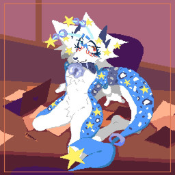 anthro bell bell_collar blue_body blush collar femboy hair heterochromia horn male plompy shark_tail solo star thick_thighs white_body white_hair li_mol unknown_species 1:1 hi_res