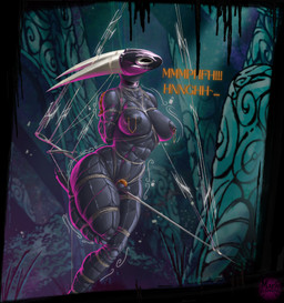 anthro barred_chastity_cage bdsm big_breasts big_butt bondage bound breasts butt chastity_cage chastity_device collar crotch_tuft curved_horn curvy_figure detailed_background dialogue embarrased_female embarrased_horny embarrassed gag gagged gagged_talk gameplay_mechanics gold_(metal) gold_chastity_cage gold_chastity_device gynomorph horn horn_bondage intersex latex latex_hood melee_weapon metal_chastity_cage muscular muscular_gynomorph muscular_intersex nipple_piercing nipples peril permanent_bondage permanent_chastity_device piercing predicament predicament_bondage questionable_consent restraints reverse_prayer rope rope_bondage rope_harness solo suspension suspension_bondage sword thick_thighs tuft weapon wearing_chastity_cage wearing_chastity_device wide_hips maya_bladewing_(artist) hollow_knight_(franchise) team_cherry hornet_(hollow_knight) arthropod humanoid insect hi_res painting_(artwork)