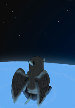 abstract_background ambiguous_gender anthro feathers female hair long_hair looking_up rear_view sitting solo space spikes star wings marunishkek cavemanon_studios goodbye_volcano_high ko_op_(game_developer) snoot_game fang_(gvh) feathered_scalie prehistoric_species pterosaur reptile scalie absurd_res hi_res