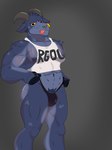 abs anthro biped black_nipples blue_body blue_fur bulge butt clothing clothing_pull crop_top crossgender detailed_bulge ear_piercing ear_tag fingers ftm_crossgender fur hooved_fingers hooves horizontal_pupils horn male male_anthro muscular muscular_anthro muscular_male navel nipples pecs piercing pubes pupils scut_tail shirt short_tail solo tail text text_on_clothing text_on_shirt text_on_topwear thong tongue tongue_out topwear underwear yellow_eyes bovinedog coffee_stain_studios epic_games fortnite goat_simulator pilgor_(goat_simulator) bovid caprine goat mammal 2022 3:4 hi_res