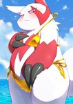anthro belly bikini blush claws clothed clothing crossdressing embarrassed gold_bikini male overweight partially_submerged pink_eyes solo swimwear two-piece_swimsuit water matchstick_39 golden_week nintendo pokemon generation_3_pokemon pokemon_(species) zangoose