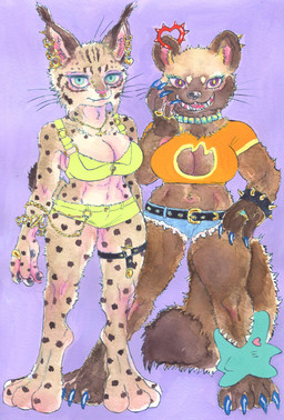 anklet anthro barbell_piercing belt big_breasts blue_eyes bottomwear bracelet breasts brown_body brown_fur claws cleavage cleavage_cutout clothed clothing collar crop_top cutout denim denim_bottomwear denim_clothing denim_shorts duo ear_piercing ear_ring facial_piercing feet female fur hotpants jewelry markings navel navel_piercing necklace nose_piercing piercing ring ring_piercing shirt shorts spiked_bracelet spiked_collar spikes spots spotted_body spotted_fur tail teeth topwear tuft kyokyota felid feline gulonine lynx mammal mustelid musteline 2023 absurd_res hi_res painting_(artwork) traditional_media_(artwork)