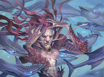 abs armor eyes_closed feral fin glowing glowing_eyes green_background group hair hand_on_head male membrane_(anatomy) open_mouth pauldron red_body red_hair simple_background split_form swimming underwater water webbed_hands whiskers jesper_ejsing hasbro magic:_the_gathering wizards_of_the_coast aquatic fish humanoid merfolk 2022 official_art traditional_media_(artwork)