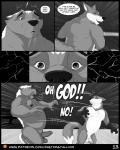 4:5 anthro anthro_on_anthro badger balls bodily_fluids canid canine carl_(misterstallion) comic crying dialogue duo emanata english_text erection exclamation_point eyebrows foreskin fox genitals glans greyscale hi_res honey_badger humanoid_genitalia humanoid_penis looking_at_viewer looking_back male male/male mammal misterstallion monochrome muscular mustelid musteline navel nipples nude open_mouth open_smile overweight overweight_anthro overweight_male penis public realization shocked smile speech_bubble standing tears teeth text url william_(misterstallion)