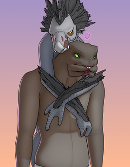 3_fingers anthro arm_feathers arm_tuft beak carrying_another clothed clothing duo feather_hair feathered_crest feathers female female_anthro fingers green_eyes grey_body grey_feathers grey_scales head_crest heart_symbol hug hugging_another hugging_from_behind interspecies male male/female male_on_anthro mandibles piggyback pseudo_hair pupils scales scuted_hands scutes sharp_teeth slit_pupils teeth topless topless_male tuft yellow_eyes some_sangheili halo_(series) microsoft xbox_game_studios alien avian kig-yar sangheili scalie t'vaoan absurd_res colored hi_res