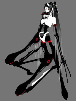 3_fingers accessory black_arms black_hair black_legs bone bone_arm breasts cybernetic_eye cybernetics featureless_crotch female fingers gradient_hair grey_background grey_hair hair hair_accessory hair_ribbon horror_(theme) jewelry long_arms long_hair looking_at_viewer machine mechanical_arm mechanical_leg medium_breasts necklace nipples not_furry red_eyes rib_cage ribbons simple_background skull_necklace solo spine twintails_(hairstyle) white_body white_skin wire deino_(artist) calne_ca humanoid robot robot_humanoid 2010 3:4 3d_(artwork) autodesk_3ds_max_(artwork) digital_media_(artwork) full-length_portrait hi_res portrait