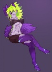 abs anthro black_nose female fur green_eyes green_hair hair looking_at_viewer markings muscular muscular_anthro muscular_female nipples pupils purple_body purple_fur slit_pupils smile solo spots spotted_body spotted_fur tail teeth white_body white_fur ookami-kun unknown_species hi_res