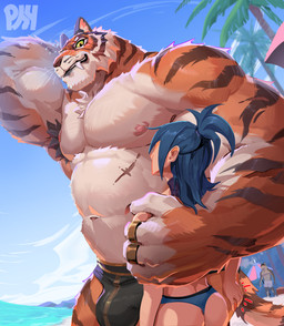 anthro beach bulge clothing duo female fur male male/female muscular muscular_anthro muscular_male nipples orange_body orange_fur size_difference stripes swimwear tail physen epic_games fortnite hope_(fortnite) oscar_(fortnite) wendell_(fortnite) felid human mammal pantherine tiger absurd_res hi_res