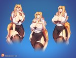 anthro areola areola_slip big_breasts bottomwear breasts cleavage clothed clothing female garter_straps glistening glistening_bottomwear glistening_clothing glistening_skirt hair hand_on_hip huge_breasts office_clothing office_lady patreon_logo simple_background skirt smile solo standing text thick_thighs knight_dd law_of_love patreon mrs._sheila canid canine canis domestic_dog hunting_dog mammal saluki sighthound 2022 url