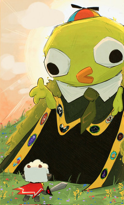 3_fingers ambiguous_gender anthro beak black_eyes cape clothing duo fingers fur green_body hat headgear headwear holding_object holding_weapon horn melee_weapon necktie orange_beak rear_view red_horn robe simple_eyes sword weapon wool_(fur) cupsiie cult_of_the_lamb massive_monster_(studio) peak_(videogame) bing_bong_(peak) lamb_(cult_of_the_lamb) amphibian bovid caprine frog mammal sheep crossover hi_res