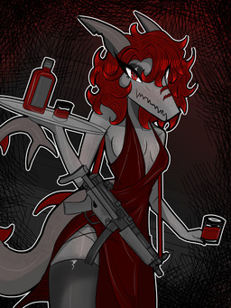 abstract_background anthro bottle breasts clothing container dress female fin fingers front_view glass grey_clothing grey_legwear grey_thigh_highs gun hair half-closed_eyes holding_glass holding_object humanoid_hands legwear looking_at_viewer looking_down low-angle_view medium_breasts medium_hair narrowed_eyes non-mammal_breasts outline ranged_weapon red_clothing red_dress red_eyes red_hair scar serving_tray side_boob slit_dress smile smirk solo standing submachine_gun tail tail_fin thigh_highs weapon white_outline gothgator0 aquatic fish shark 3:4 absurd_res colored hi_res portrait shaded three-quarter_portrait
