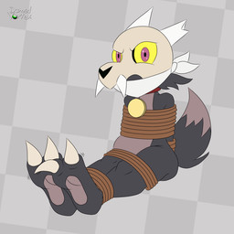 2_toes angry anthro barefoot bdsm bondage bone bound captured claws collar fangs feet foot_fetish foot_focus fur grey_body grey_fur hands_behind_back legs_tied male nude pawpads plantigrade purple_eyes restrained restraints rope sitting skull skull_head soles solo submissive submissive_male teeth toe_claws toes yellow_sclera domedvortex disney the_owl_house king_clawthorne canid canine mammal titan_(the_owl_house) 1:1 2021 2d_animation animated digital_media_(artwork)