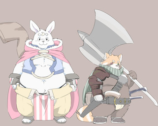 anthro armor axe belly cape clothing double_bitted_axe duo fantasy_rpg fur magic_user male melee_weapon navel overweight overweight_male scarf unconvincing_armor warrior weapon white_body white_fur inunoshippo ailurid lagomorph leporid mammal rabbit red_panda hi_res