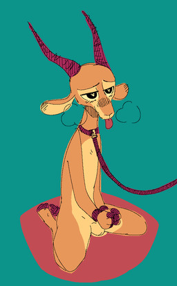 anthro balls bdsm biped bound breath brown_body brown_fur collar fur genitals green_background hands_tied heart_eyes heart_symbol horn kneeling leash male simple_background solo tongue tongue_out fuel_(artist) chico_(fuel) antelope bovid mammal aliasing digital_media_(artwork)