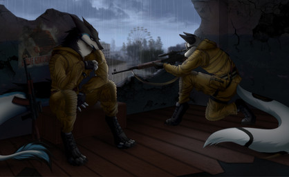 5_fingers anthro cigarette city clothed clothing detailed_background duo fingers fur gloves gun handwear holding_object holding_weapon long_tail male military multicolored_body multicolored_fur ranged_weapon sitting sniper tail weapon amarihel s.t.a.l.k.e.r. kai_snow_floof nebs_the_sergal canid canine fox mammal sergal digital_media_(artwork) full-length_portrait hi_res portrait