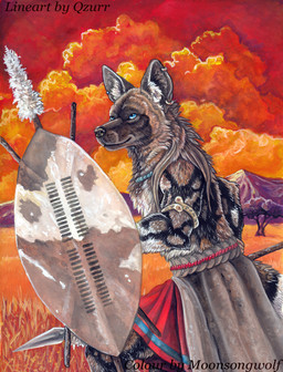 ambiguous_gender anthro armlet black_nose blue_eyes clothed clothing cloud field grass jewelry landscape melee_weapon mountain necklace plant polearm red_sky runes shield sky smile solo spear sunset topless tribal weapon zulu_kingdom moonsongwolf simul african_wild_dog canid canine mammal 2010 unavailable_at_source