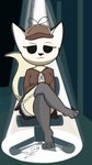 anthro chair clothed clothing crossed_arms crossed_legs detective detective_hat female furniture legwear office_chair solo stockings shakewell-before-use aggretsuko sanrio fenneko canid canine fennec_fox fox mammal true_fox 9:16 absurd_res hi_res