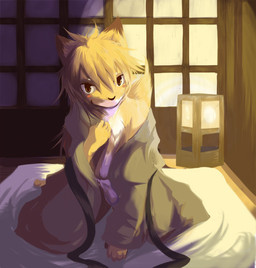anthro asian_clothing belt blush clothed clothing coat east_asian_clothing genitals japan japanese_clothing kimono lamp lantern looking_at_viewer male open_clothing open_shirt open_topwear penis screen seductive shirt shy solo topwear inubito canid canine canis domestic_dog mammal
