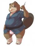 anthro asian_clothing belly brown_body brown_fur bulge clothed clothing east_asian_clothing fundoshi fur japanese_clothing male overweight overweight_anthro overweight_male simple_background solo underwear white_background dv-ch canid canine mammal raccoon_dog tanuki 2011 hi_res