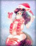 anthro big_breasts blush breasts brown_hair clothed clothing female gift green_eyes hair hat headgear headwear holidays huge_breasts legwear scarf skimpy slightly_chubby smile snow solo stockings underwear woofarin hasbro my_little_pony fan_character equid equine horse mammal pony hi_res