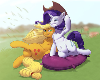 blonde_hair blush chewing chewing_grass clothing cowboy_hat cutie_mark duo eyes_closed female feral freckles fur green_eyes hair hat headgear headwear horn object_in_mouth orange_body orange_fur outside pillow purple_hair smile tail wheat white_body white_fur wind kevinsano friendship_is_magic hasbro my_little_pony mythology applejack_(mlp) rarity_(mlp) earth_pony equid equine horse mammal mythological_creature mythological_equine pony unicorn 2012 5:4 digital_media_(artwork)