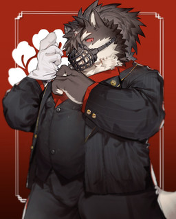 anthro clothing collared_shirt dress_shirt eyebrows fur gloves grey_body grey_fur hair handwear male muzzle_(object) muzzled ponytail shirt solo suit thick_eyebrows topwear vest wire_basket_muzzle leimuaht lifewonders tokyo_afterschool_summoners shino_(tas) canid canine canis domestic_dog mammal absurd_res hi_res