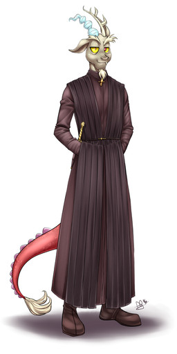 anthro anthrofied antlers beard clothing dagger eyebrows facial_hair horn looking_at_viewer male melee_weapon pose red_eyes robe sharp_teeth simple_background smile solo standing teeth weapon white_background yellow_sclera pia-sama friendship_is_magic hasbro my_little_pony discord_(mlp) chimera draconequus