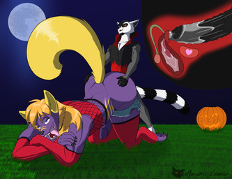 anal anal_canal anal_penetration anal_uterus anthro big_butt bodily_fluids butt clothed clothed_sex clothing cum cum_in_uterus cum_inside duo fallopian_tubes full_moon genital_fluids genitals hand_on_butt holidays internal jack-o'-lantern larger_male larger_penetrated larger_sub male male/male male_penetrated markings moon ovaries penetration penis ring_(marking) ringed_tail sex size_difference smaller_male striped_markings striped_tail stripes submissive tail tail_markings uterus wide_hips amara_lemur conditional_dnp halloween mythology amara_(amara_lemur) sly_mcfadden canid canine lemur mammal mythological_canine mythological_creature primate ring-tailed_lemur strepsirrhine vampire werecanid werecanine werecreature werewolf