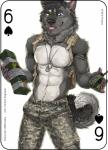 2018 abs anthro blep bottomwear canid canine canis card card_template clothed clothing copyright_symbol digital_media_(artwork) dog_tags domestic_dog english_text explosives fonyaa fur grey_body grey_fur hair heterochromia husky male mammal military muscular muscular_anthro muscular_male navel nipples nordic_sled_dog pants partially_clothed pecs playing_card playing_card_template simple_background six_of_spades smile solo spades_(suit) spitz standing suit_symbol symbol text tongue tongue_out topless uniform
