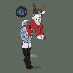 alternate_species anthro antlers bell bell_collar black_hair blue_eyes boots bulge christmas_clothing clothing collar dialogue footwear fur grey_body grey_fur hair holidays horn jingle_bell jingle_bell_collar male markings multicolored_body multicolored_fur shoes solo speech_bubble spots spotted_body spotted_fur sweater text topwear white_body white_fur scarlet-frost christmas kayz_(snepkayz) deer felid hybrid mammal new_world_deer pantherine reindeer snow_leopard english_text hi_res story story_in_description