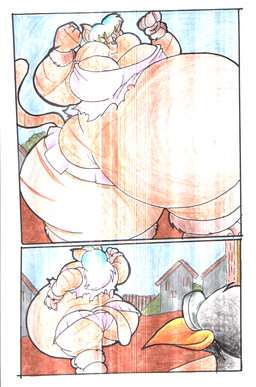 2_panel_comic anthro beak belly big_belly big_breasts black_body black_feathers blue_hair breasts detailed_background eyewear feathers female fur glasses hair morbidly_obese morbidly_obese_anthro obese obese_anthro orange_beak orange_body orange_fur orange_tail overweight overweight_anthro overweight_female round_glasses smile tail wearing_glasses weight_gain wide_hips virus-20 felid feline mammal comic