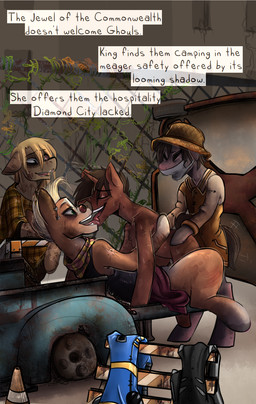 clothed clothed_sex clothing dirty female feral group group_sex kissing male male/female mask scar sex text threesome byjovewhataspend fallout hasbro microsoft my_little_pony fan_character equid equine horse mammal pony english_text hi_res