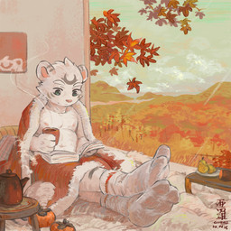 anthro autumn bed bedding beverage blanket blue_eyes book clothing food footwear fruit fur fur_markings furniture hair inside male markings nipples plant reading reading_book shirtless_male sky smile socks solo striped_body striped_fur stripes table tea tree white_body white_fur window ainro elysium_above guang_yuan felid mammal pantherine tiger 1:1 hi_res