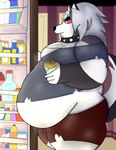 anthro appliance belly beverage beverage_can big_belly big_breasts breasts burrito clothed clothing collar container cup female food fridge fur furniture hair holding_object huge_breasts inside kitchen kitchen_appliance obese overweight overweight_anthro piercing red_sclera simple_background solo tail thick_thighs topwear white_body white_fur itzimiau helluva_boss mythology loona_(helluva_boss) canid canid_demon canine canis demon hellhound mammal mythological_canine mythological_creature hi_res