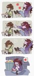 ambiguous_gender anthro apple brown_hair chalk duo female food freckles fruit hair hair_over_eyes plant teasing corogarucoromo deltarune undertale_(series) kris_(deltarune) susie_(deltarune) human humanoid mammal reptile scalie absurd_res comic hi_res