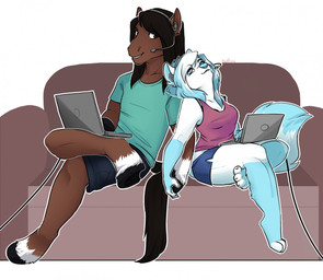 anthro clothed clothing computer duo electronics female femboy gaming hand_holding headgear headphones headset laptop male sitting smile redpixie canid canine equid equine horse mammal