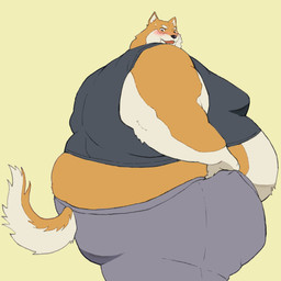 anthro belly big_belly biped blush bodily_fluids bottomwear butt chubby_cheeks clothed clothing dressing dressing_self fat_arms flustered fur furgonomic_bottomwear furgonomics looking_back looking_back_at_self male moobs morbidly_obese obese obese_anthro obese_male open_mouth overweight overweight_anthro overweight_male rear_view solo standing struggling_to_fit sweat sweatdrop tail tan_body tan_fur thick_thighs tight_clothing marcoisky canid canine canis domestic_dog mammal shiba_inu spitz 1:1 absurd_res hi_res