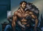 abs anthro athletic beard bed bedroom biceps big_muscles black_hair black_nose bottomwear clock clothed clothing denim denim_bottomwear denim_clothing detailed_background duo eyes_closed facial_hair foreplay fur furniture grabbing_from_behind grey_body grey_fur grope hair hand_on_chest hug human_on_anthro humanoid_hands inside interspecies jeans lamp love male male/male male_anthro male_humanoid muscular muscular_male nipples nude open_bottomwear open_clothing open_pants pants pec_grab pecs pose romantic romantic_couple sitting spread_legs spreading teeth topless vein nick300 canid canine canis human humanoid mammal wolf 2013 detailed