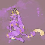amber_eyes anthro breasts casual_exposure casual_nudity exposed_breasts female fur genitals glowing glowing_genitalia glowing_nipples glowing_pussy gold_(metal) inner_ear_fluff intelfox51 leg_lick licking markings nipples nude nude_anthro nude_female pawpads paws purple_body self_lick simple_background solo stretching tail tail_markings tongue tuft vaginal vulva yoga domestic_cat felid feline felis humanoid mammal
