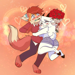 anthro blush bottomwear clothing denim denim_bottomwear denim_clothing denim_shorts duo female flower fur hair heart_symbol hooved_toes hooves looking_at_another male male/female plant rose_(flower) shorts simple_background tail white_body white_fur cherrybunii fan_character bovid canid canine caprine fox goat mammal 1:1 hi_res signature unavailable_at_source watermark