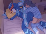 anthro anthro_penetrated avian_butt beak bed biped blue_body blue_eyes blush bodily_fluids bottomwear bottomwear_down clothed clothing detailed_background duo erection female female_on_human female_penetrated from_behind_position furniture genital_fluids genitals hug hugging_object hugging_pillow human_on_anthro human_penetrating human_penetrating_anthro inside interspecies kneeling male male/female male_on_anthro male_penetrating male_penetrating_female on_bed pajamas pants pants_down partially_clothed penetration penile penile_penetration penis penis_in_pussy pillow pokephilia pussy sex steam sweat tail tan_body vaginal vaginal_fluids vaginal_penetration white_body kajinchu nintendo pokemon shizuku_(kajinchu) avian generation_9_pokemon human mammal pokemon_(species) quaquaval 2023 hi_res shaded