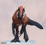 ambiguous_gender black_body black_claws black_fur brown_body brown_fur claws feathers feral fur looking_at_viewer no_sclera pawpads solo white_body white_fur yellow_eyes dsw7 dinosaur feathered_dinosaur feathered_scalie prehistoric_species reptile scalie theropod tyrannosauroid yutyrannus hi_res