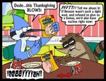 anthro beak beverage beverage_can bologna brown_body brown_fur chair complaining dialogue duo fur furniture holidays male open_mouth paper_plate plate soda speech_bubble table text window mightyfilm cartoon_network regular_show thanksgiving mordecai_(regular_show) rigby_(regular_show) avian bird blue_jay corvid jay_(bird) mammal new_world_jay oscine passerine procyonid raccoon 2011 digital_drawing_(artwork) digital_media_(artwork) english_description english_text hi_res story story_in_description