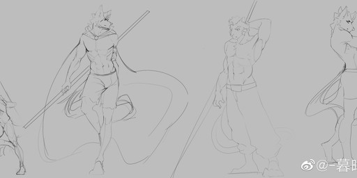 anthro bottomwear cape clothed clothing front_view holding_object holding_staff male male_anthro mouth_closed pants shorts side_view simple_background solo staff standing topless weibo_logo awaldkize weibo canid canine felid mammal absurd_res hi_res monochrome sketch sketch_page