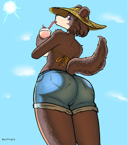 anthro beverage big_butt bikini bikini_top bottomwear brown_body brown_fur butt cherry clothed clothing container cup denim denim_bottomwear denim_clothing denim_shorts drinking drinking_straw eyelashes female food fruit fur glass glass_container glass_cup hat headgear headwear looking_at_viewer looking_back low-angle_view milkshake plant purple_eyes rear_view shorts sky solo standing straw_hat sun swimwear tail two-piece_swimsuit yellow_bikini yellow_clothing yellow_swimwear obscureaccretion beastars golden_week juno_(beastars) canid canine canis mammal wolf 2026 hi_res portrait signature three-quarter_portrait