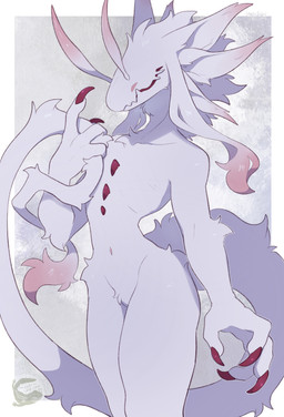 4_ears ambiguous_gender antennae_(anatomy) anthro chest_spike claws eyes_closed finger_claws fur hair logo multi_ear navel red_claws solo spikes spikes_(anatomy) tail tail_tuft text tuft white_body white_fur white_hair mochiri unknown_species 2026 absurd_res artist_logo artist_name cel_shading digital_drawing_(artwork) digital_media_(artwork) hi_res shaded