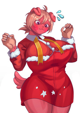 4_fingers anthro big_breasts blonde_hair bodily_fluids breasts christmas_clothing clothing dress eyelashes female fingers floppy_ears folded_ears fur hair holidays huge_breasts multicolored_body multicolored_fur nails orange_body orange_fur purple_eyes red_body red_fur small_tail smile solo standing star sweat sweatdrop tail thick_thighs triangle_nose wide_hips worried_look yellow_ribbon anixaila 90_percent_studios christmas purrfect_apawcalypse olive_higgins canid canine canis domestic_dog mammal hi_res