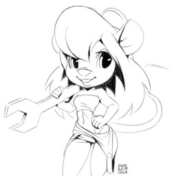 anthro clothed clothing female hair long_hair looking_at_viewer overalls smile solo standing tail tomboy tools wrench xylas chip_'n_dale_rescue_rangers disney gadget_hackwrench mammal mouse murid murine rodent 1:1 2019 monochrome sketch