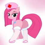 1:1 blue_eyes butt clothing cutie_mark digital_media_(artwork) earth_pony equid equine female feral friendship_is_magic hair hasbro hat headgear headwear hi_res horse legwear long_hair looking_at_viewer looking_back looking_back_at_viewer mammal my_little_pony nurse photoimpact_(artwork) pink_hair pink_theme pinkamena_(mlp) pinkie_pie_(mlp) pony pyruvate quadruped solo stockings straight_hair tail